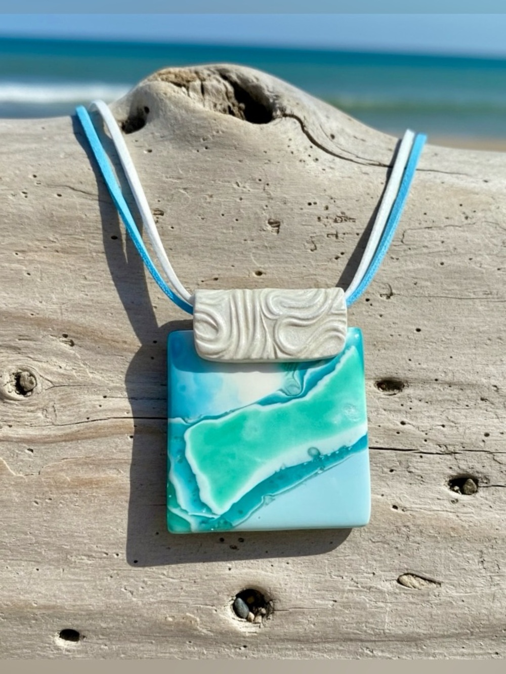 Blue Green & White Handmade Polymer Clay Pendant Necklace Stainless Steel Clasp